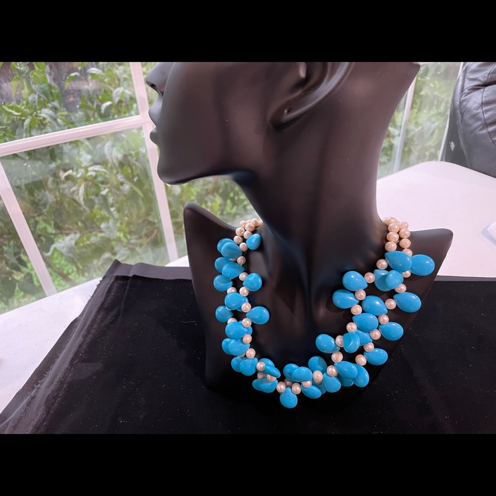 Rare Cultured Pearl and Persian Turquoise Blue Statement Necklace